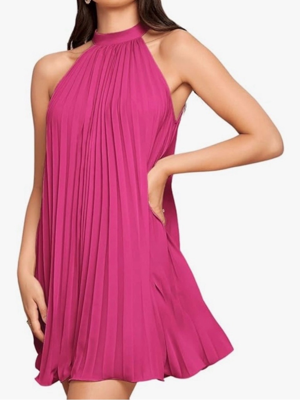 Petal & Pup Sleeveless Pleated Halter Mini Dress - Fuchsia